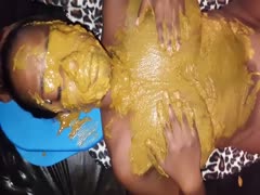 Busty babe got her tits covered in poop